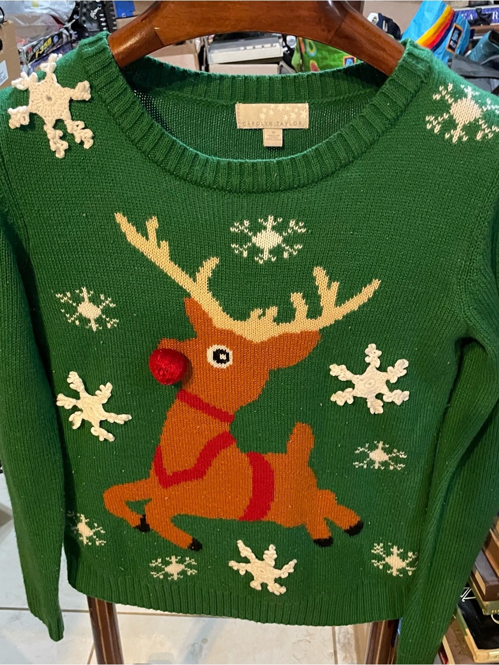 Carolyn Taylor Green Reindeer Sweater with Red Pom Nose
